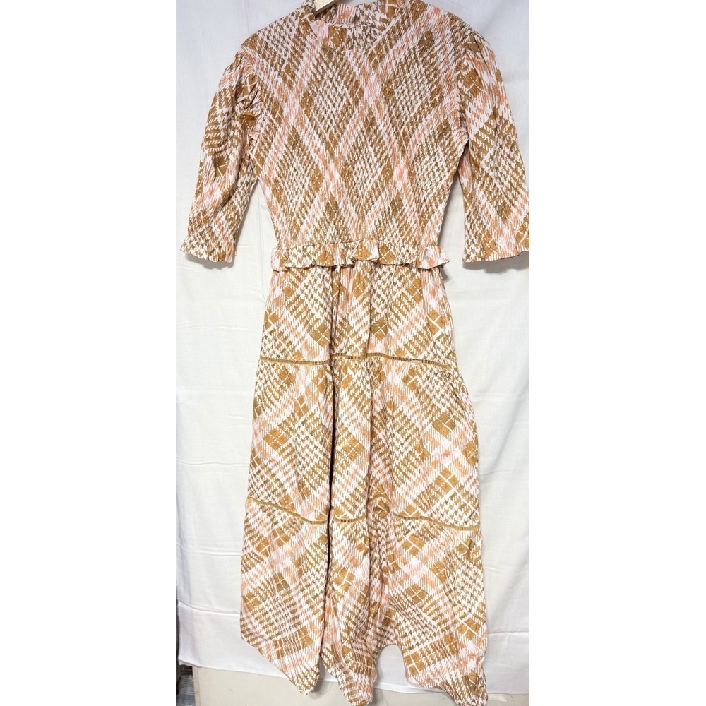 Marigold by Victoria Dunn Smocked Midi Dress Womens Small Brown Plaid